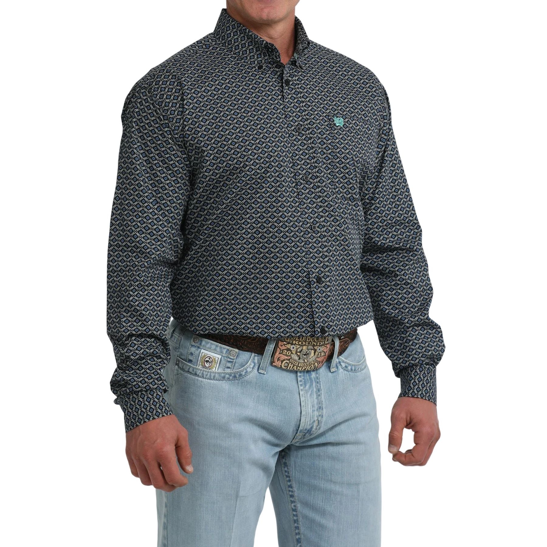 Men's Cinch Long Sleeve Blue and Black Geo Print Classic Fit Shirt MTW1106118
