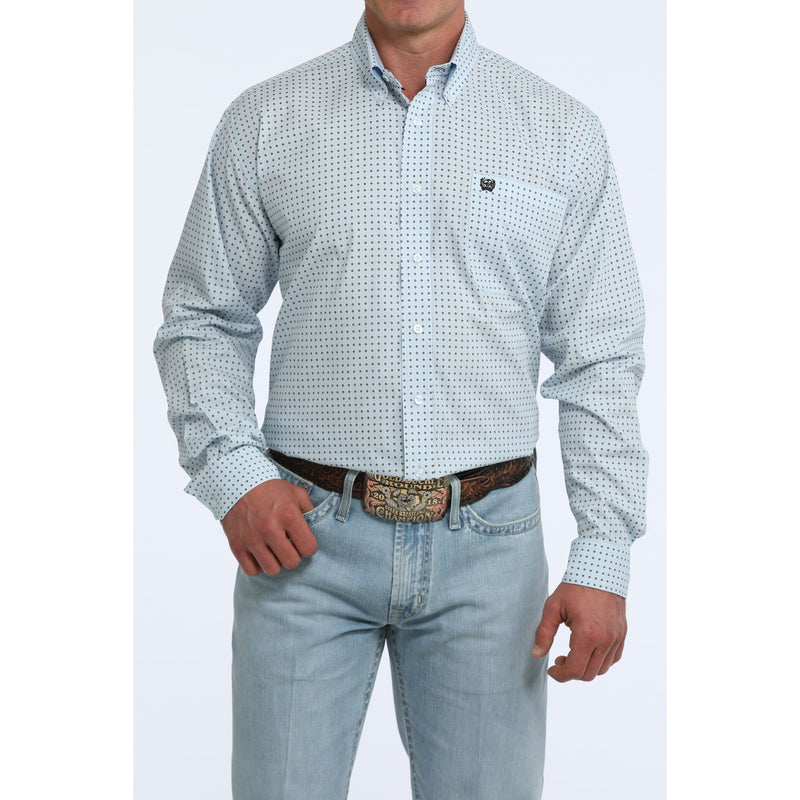 Men's Cinch Light Blue Geo Print Long Sleeve Classic Fit Shirt MTW1106124