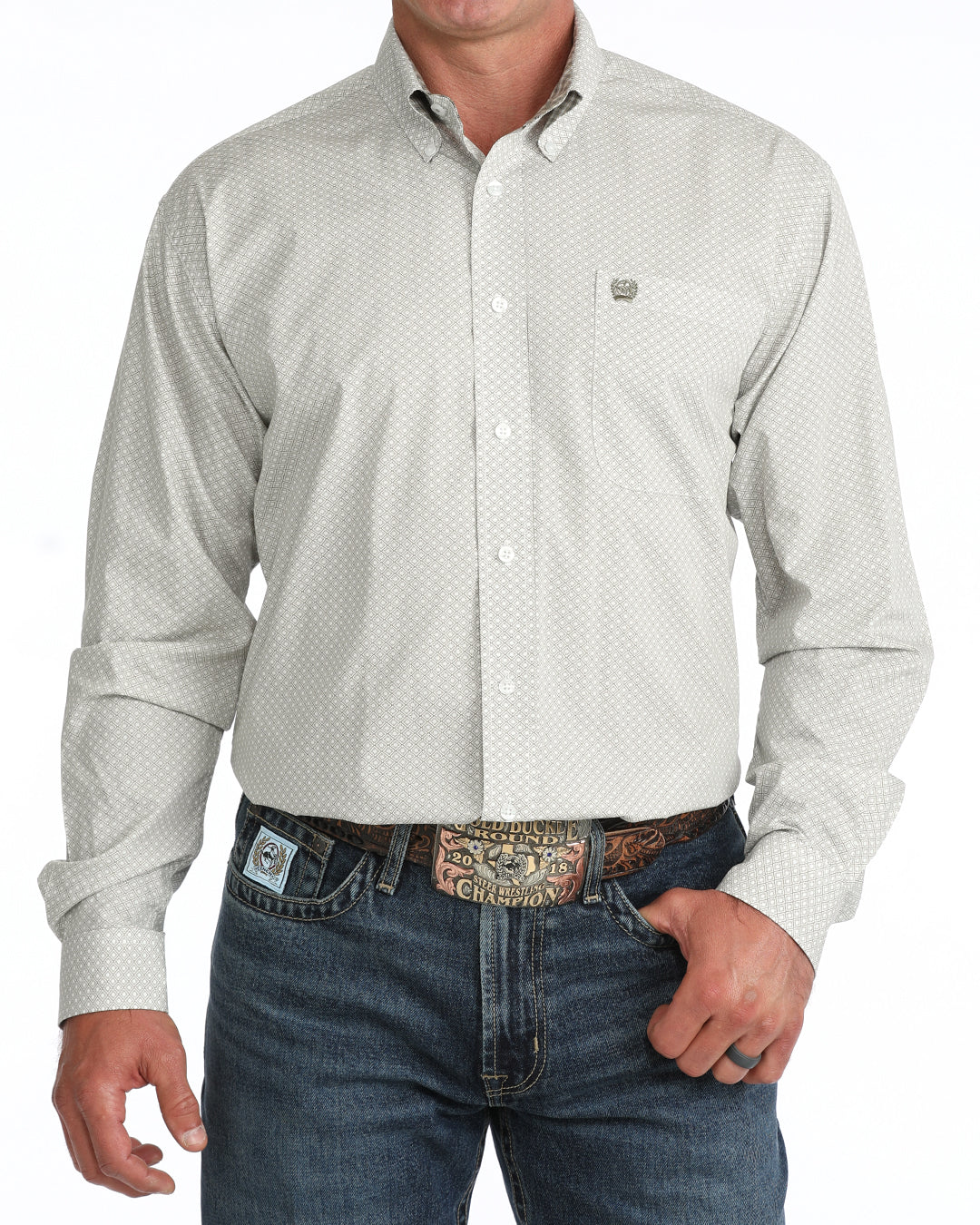 Cinch Men's Long Sleeve Olive Geo Printed Button Up MTW1106128