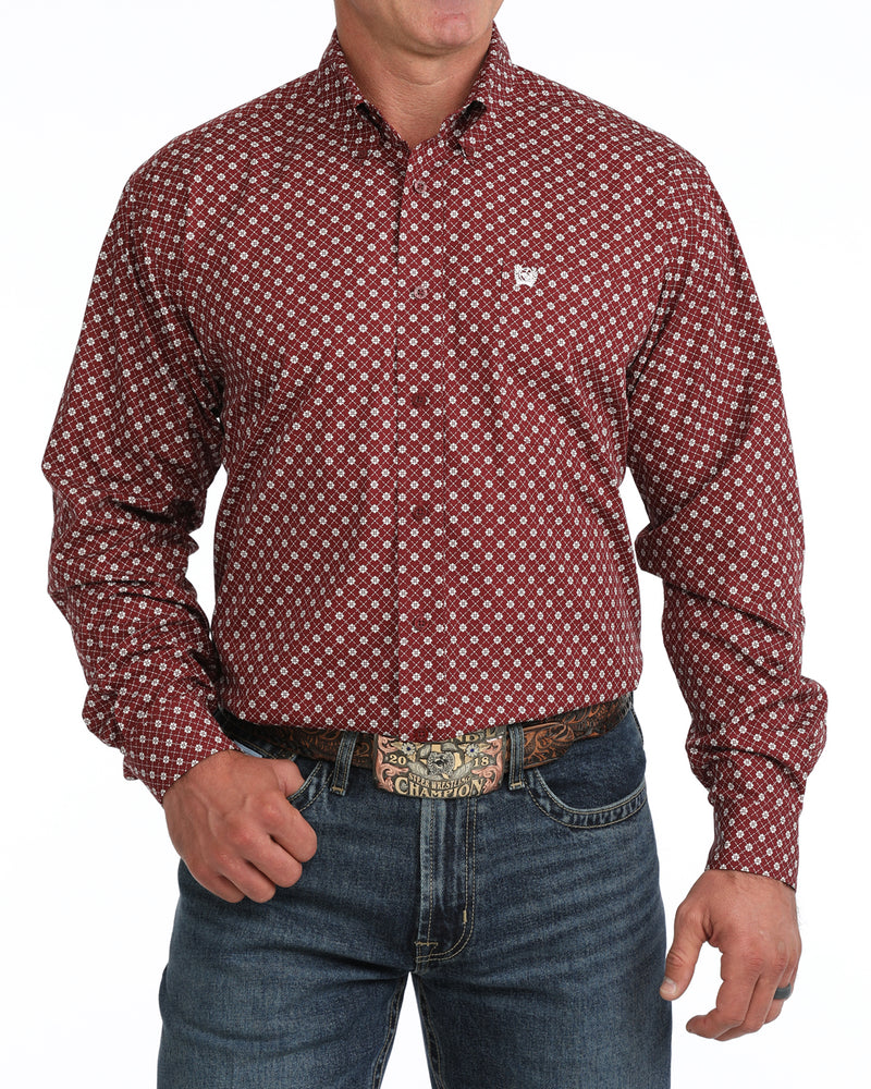 Cinch Men's Long Sleeve Burgundy Printed Button Down Shirt MTW1106141