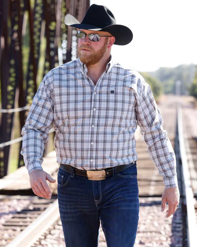 Cinch Men's Long Sleeve Cream Plaid Button Down Shirt MTW1106145