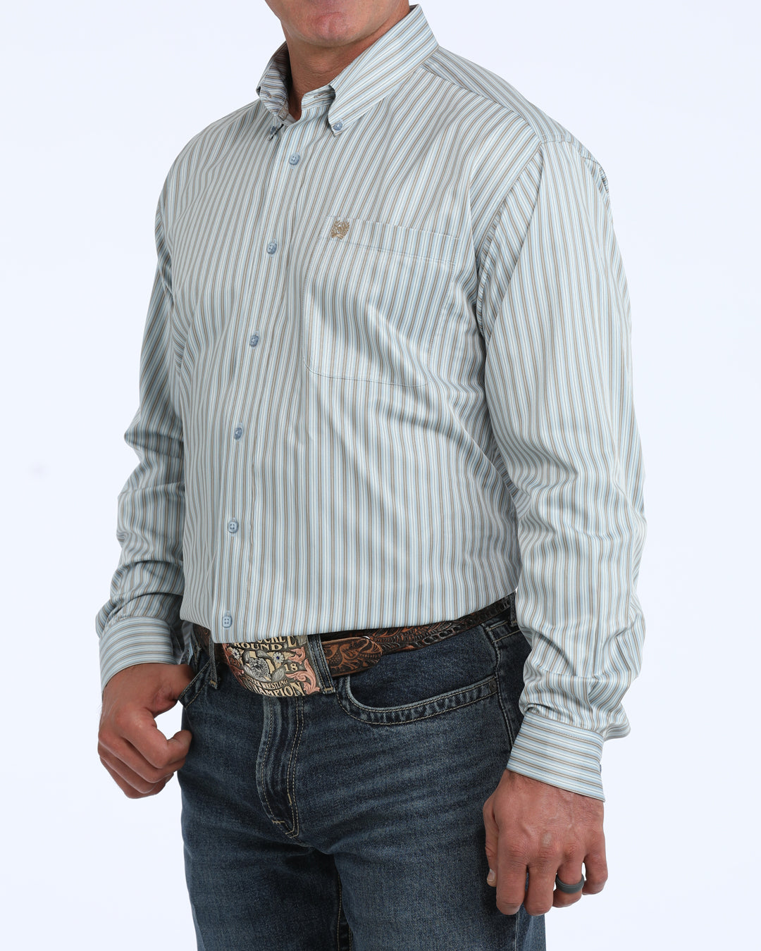 Cinch Men's Long Sleeve Light Blue Button Down Striped Shirt MTW1106153