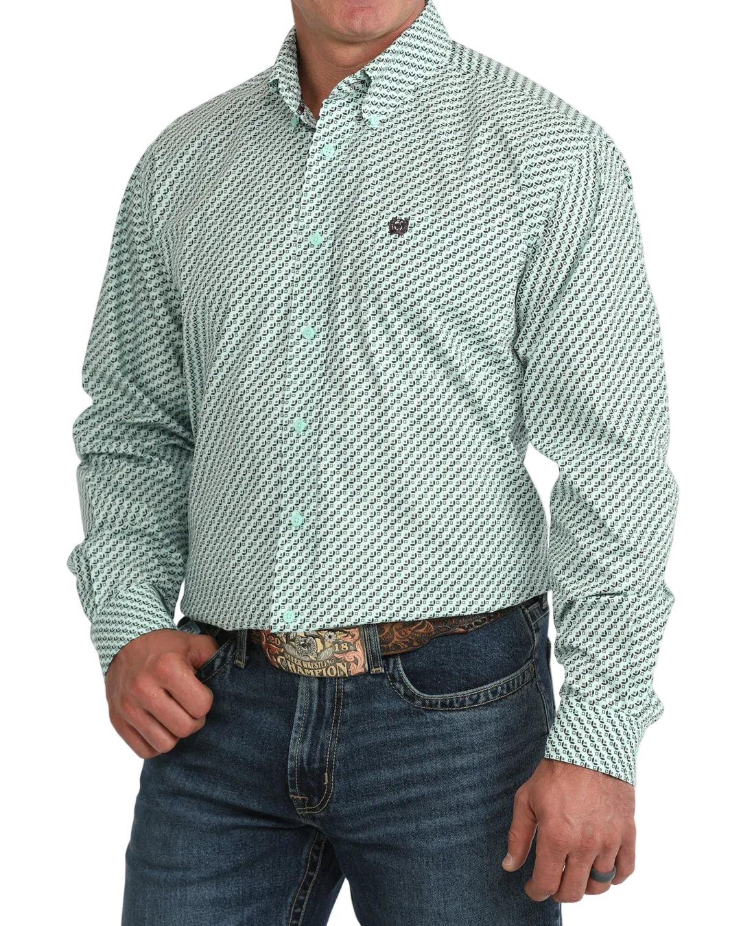 Cinch Men's Turquoise Long Sleeve Printed Button Down Shirt MTW1106165