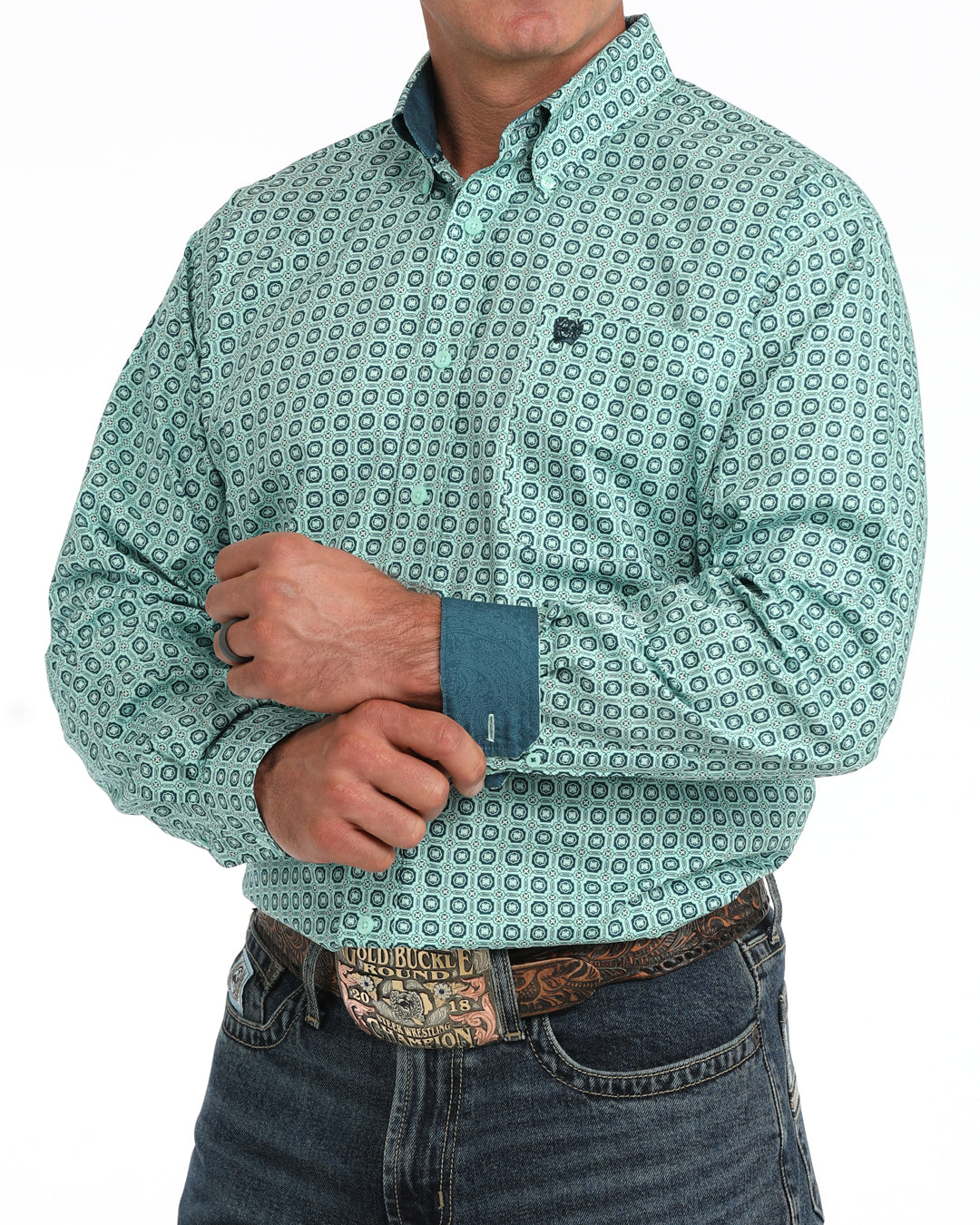 Cinch Men's Long Sleeve Turquoise Geo Printed Button Down Shirt MTW1106167