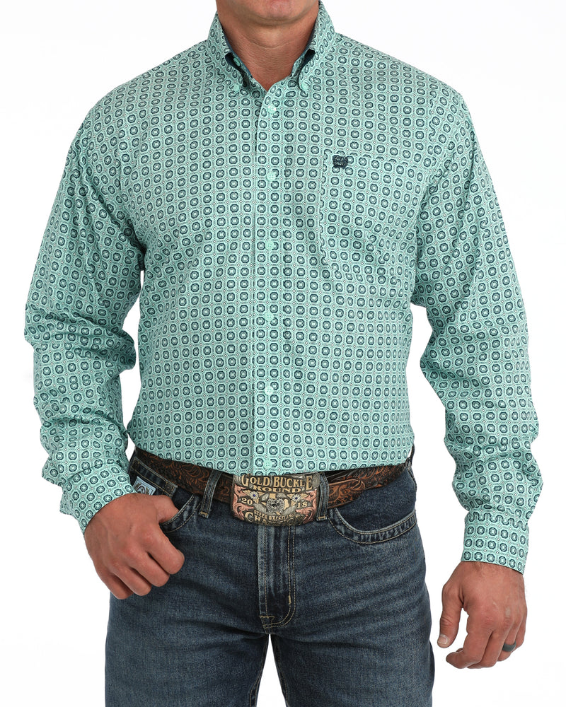 Cinch Men's Long Sleeve Turquoise Geo Printed Button Down Shirt MTW1106167