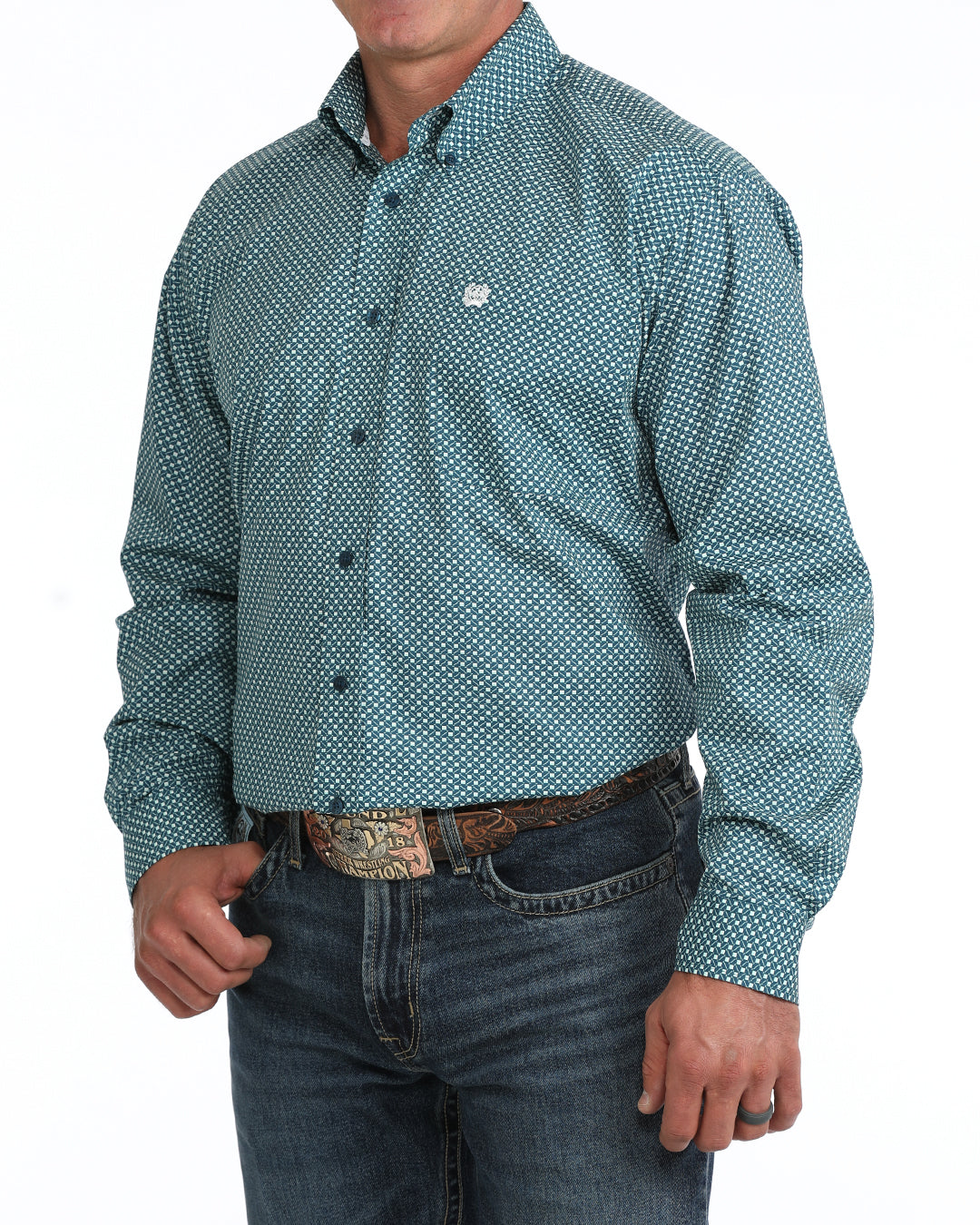Cinch Men's Long Sleeve Blue Geo Printed Button Down Shirt MTW1106168