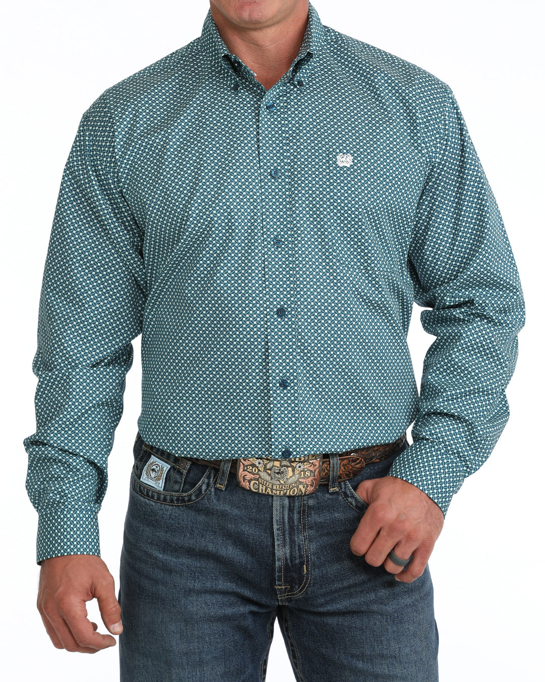Cinch Men's Long Sleeve Blue Geo Printed Button Down Shirt MTW1106168