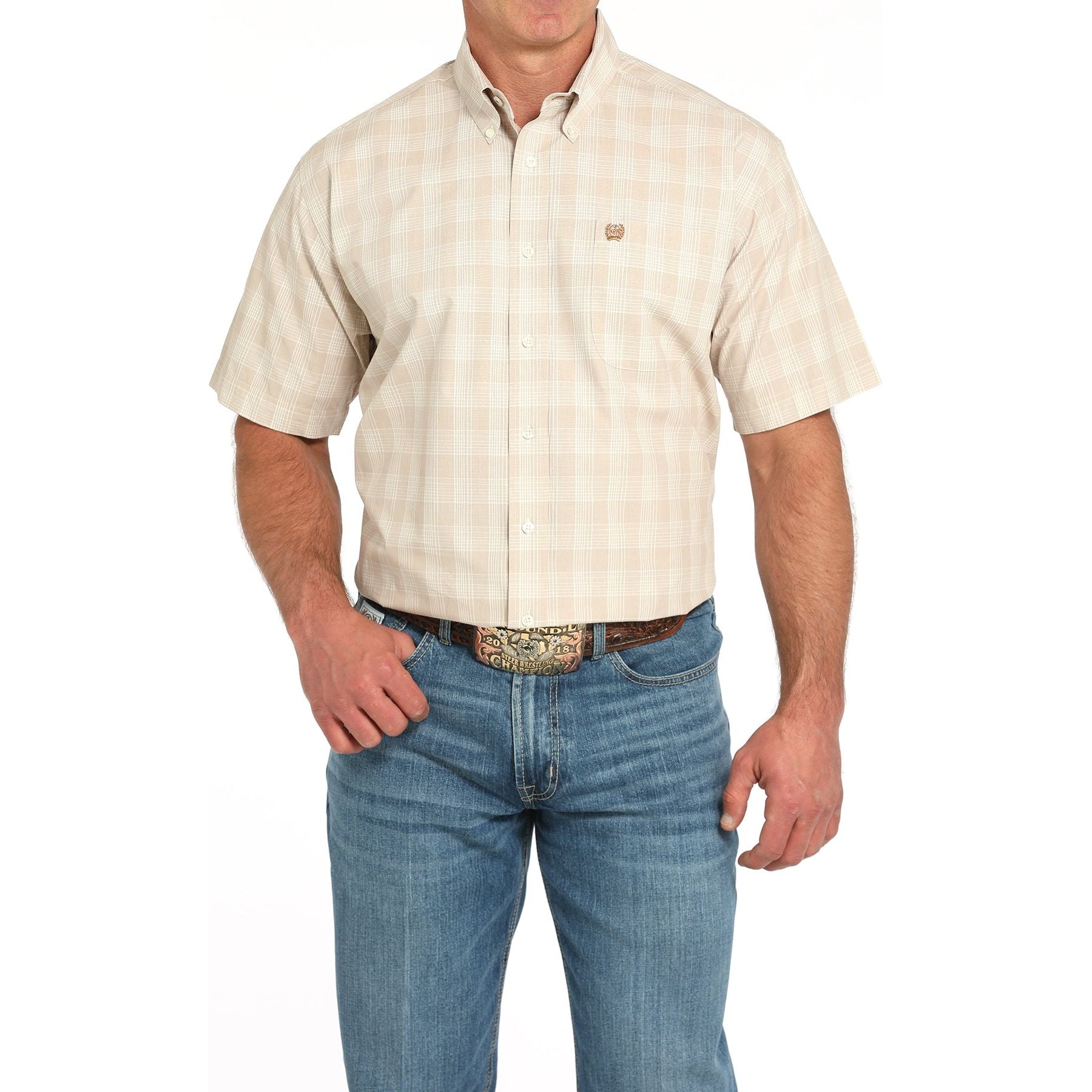 Men's Cinch Short Sleeve Khaki Plaid Button Down Western Shirt MTW1111489-KHA - Crazy House Western Wear