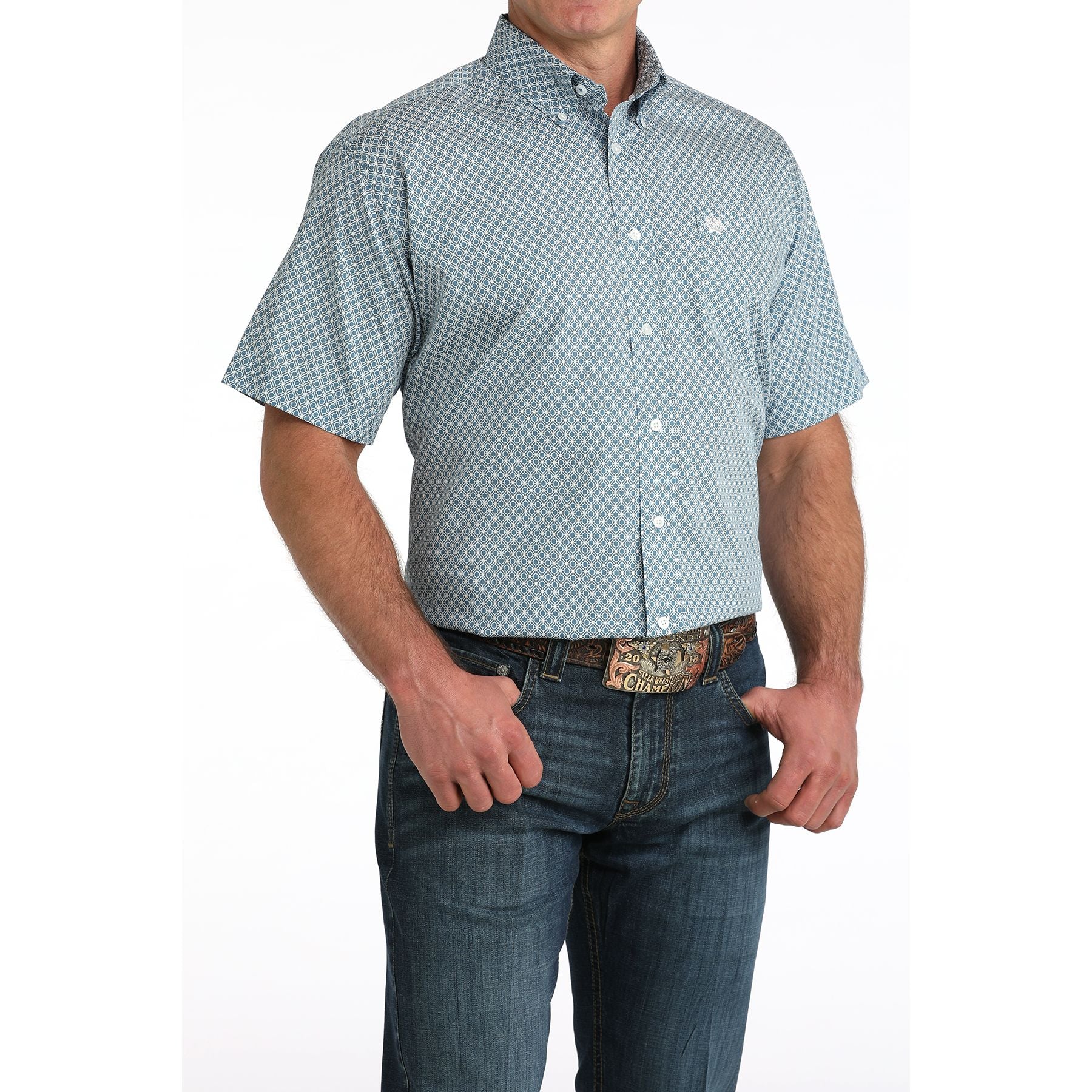 Men's Cinch Short Sleeve Blue Button Up Shirt MTW1111501