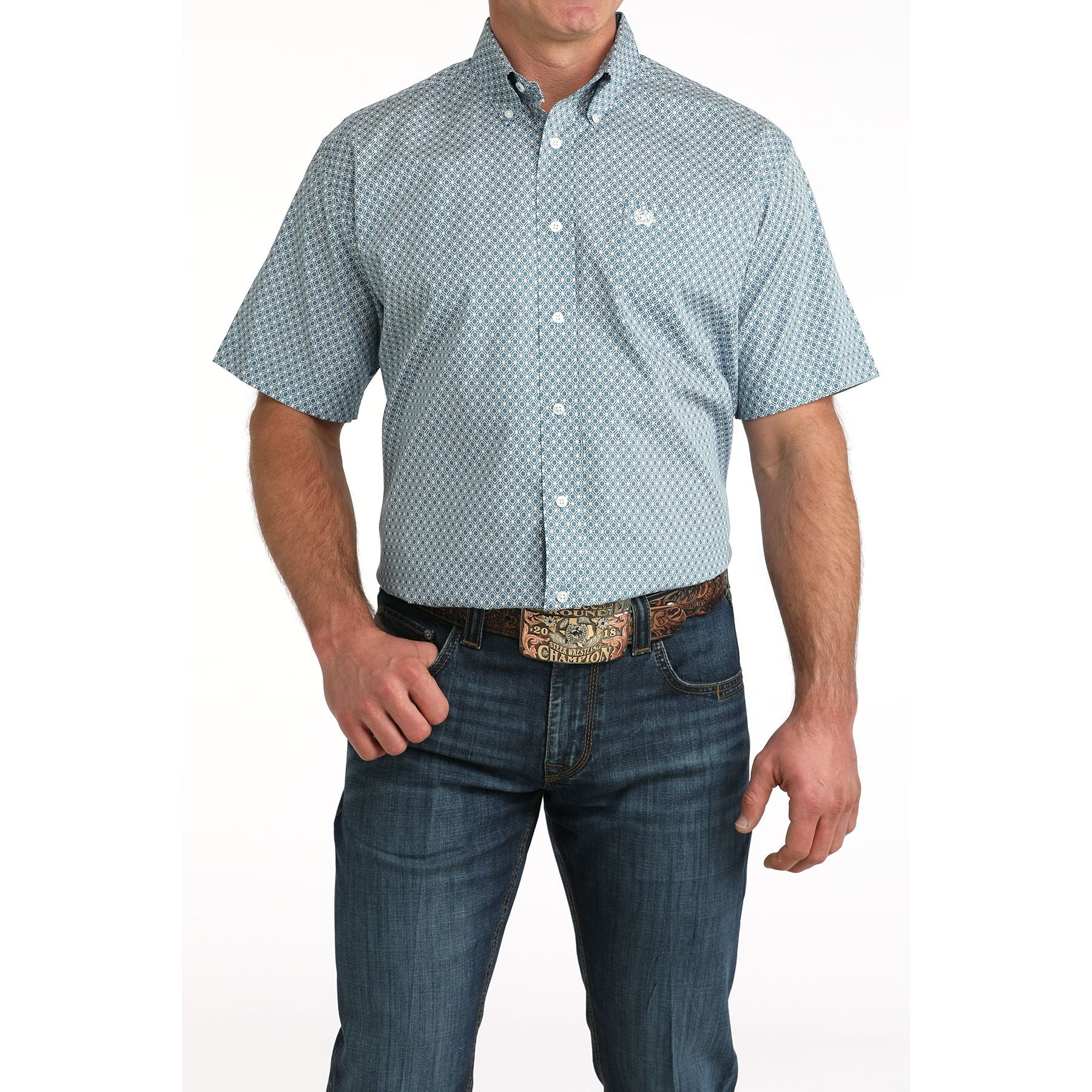 Men's Cinch Short Sleeve Blue Button Up Shirt MTW1111501