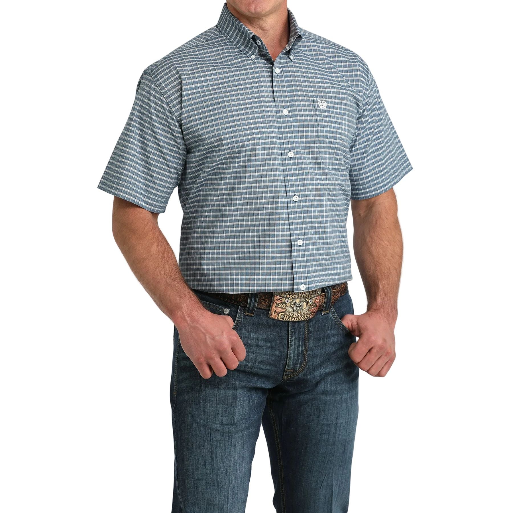 Men's Cinch Blue and White Short Sleeve Button Up Shirt MTW1111503