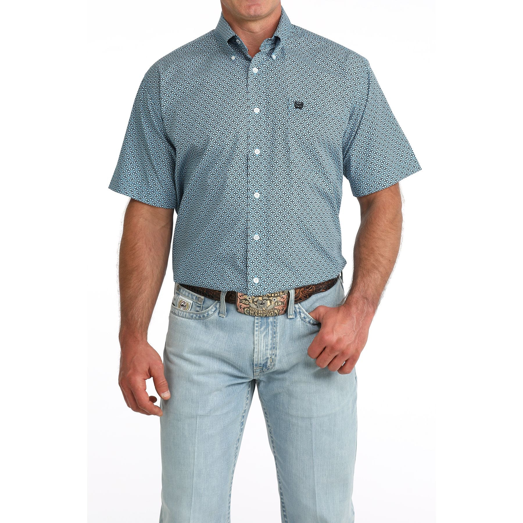 Men's Cinch Short Sleeve Blue Printed Button Up Shirt MTW1111518