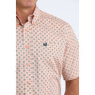 Men's Cinch Short Sleeve Coral Geometric Print Button Down Shirt MTW1111526