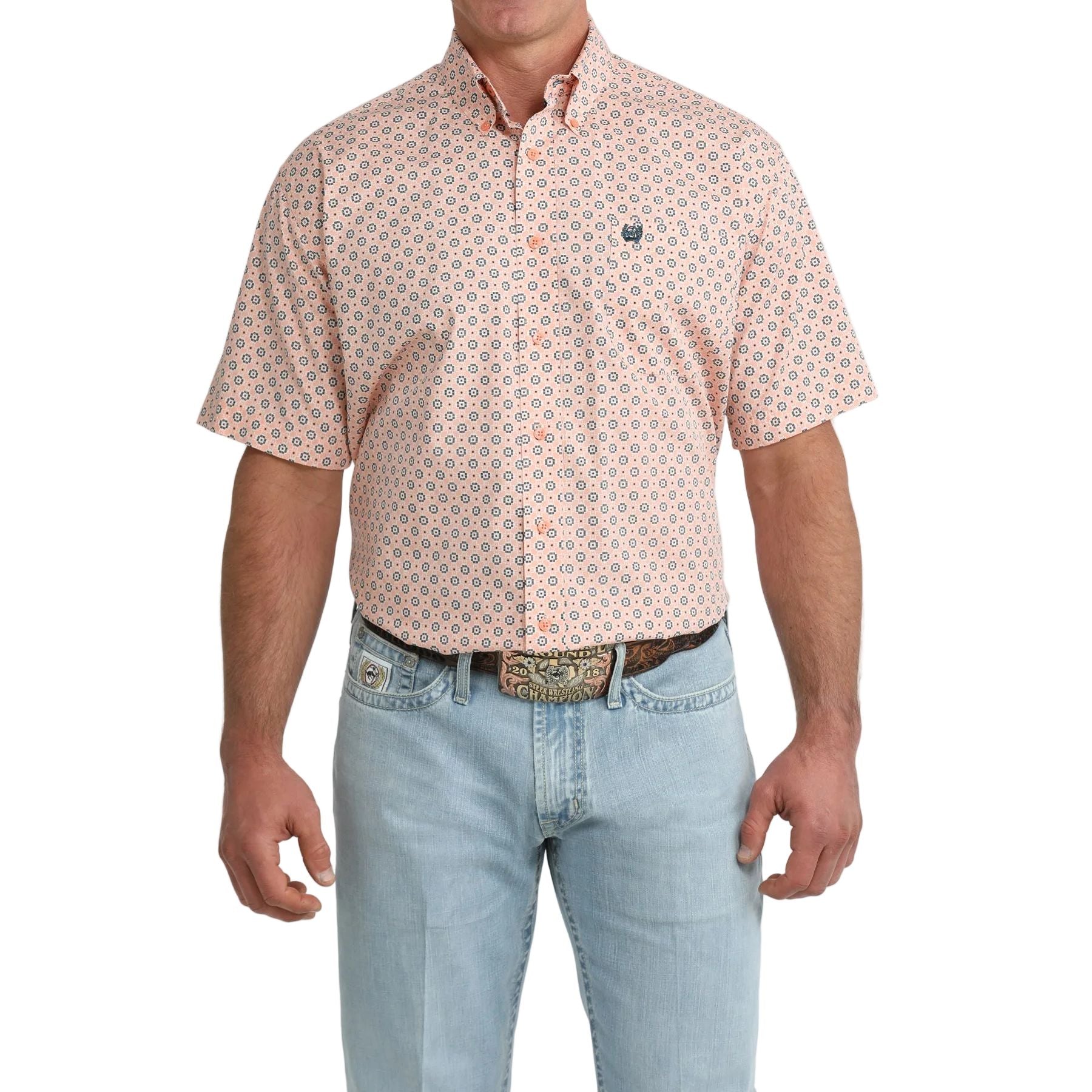 Men's Cinch Short Sleeve Coral Geometric Print Button Down Shirt MTW1111526
