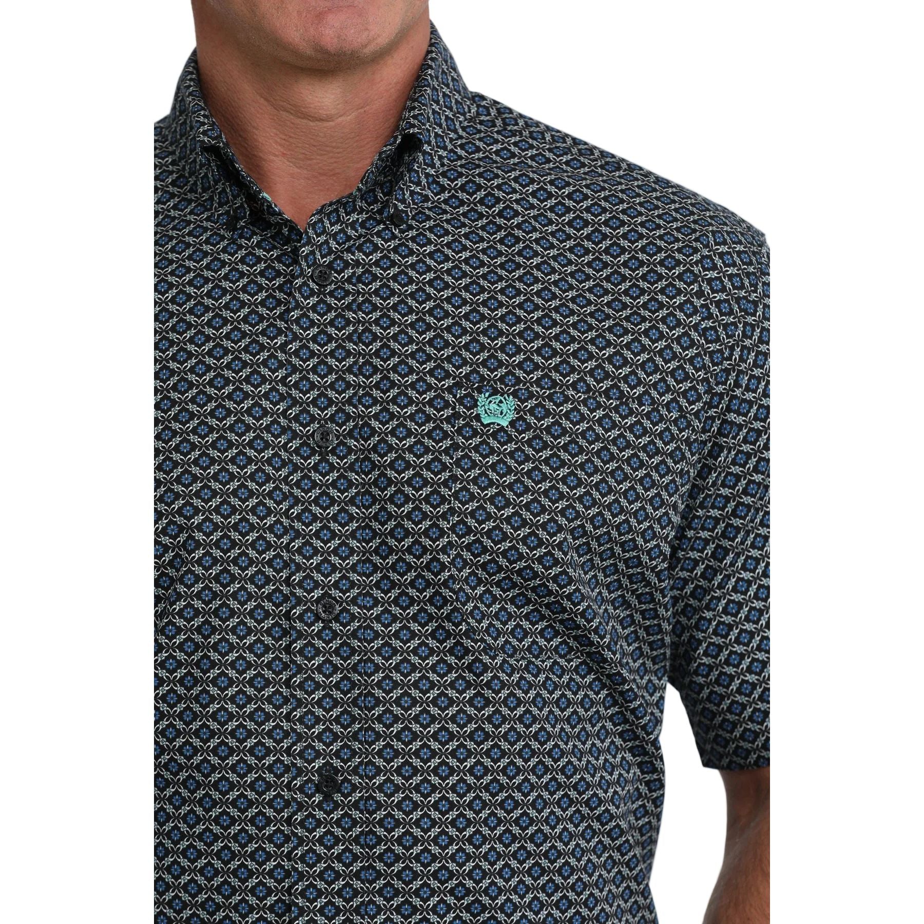 Men's Cinch Short Sleeve Blue and Black Geo Print Classic Fit Button Down MTW1111530