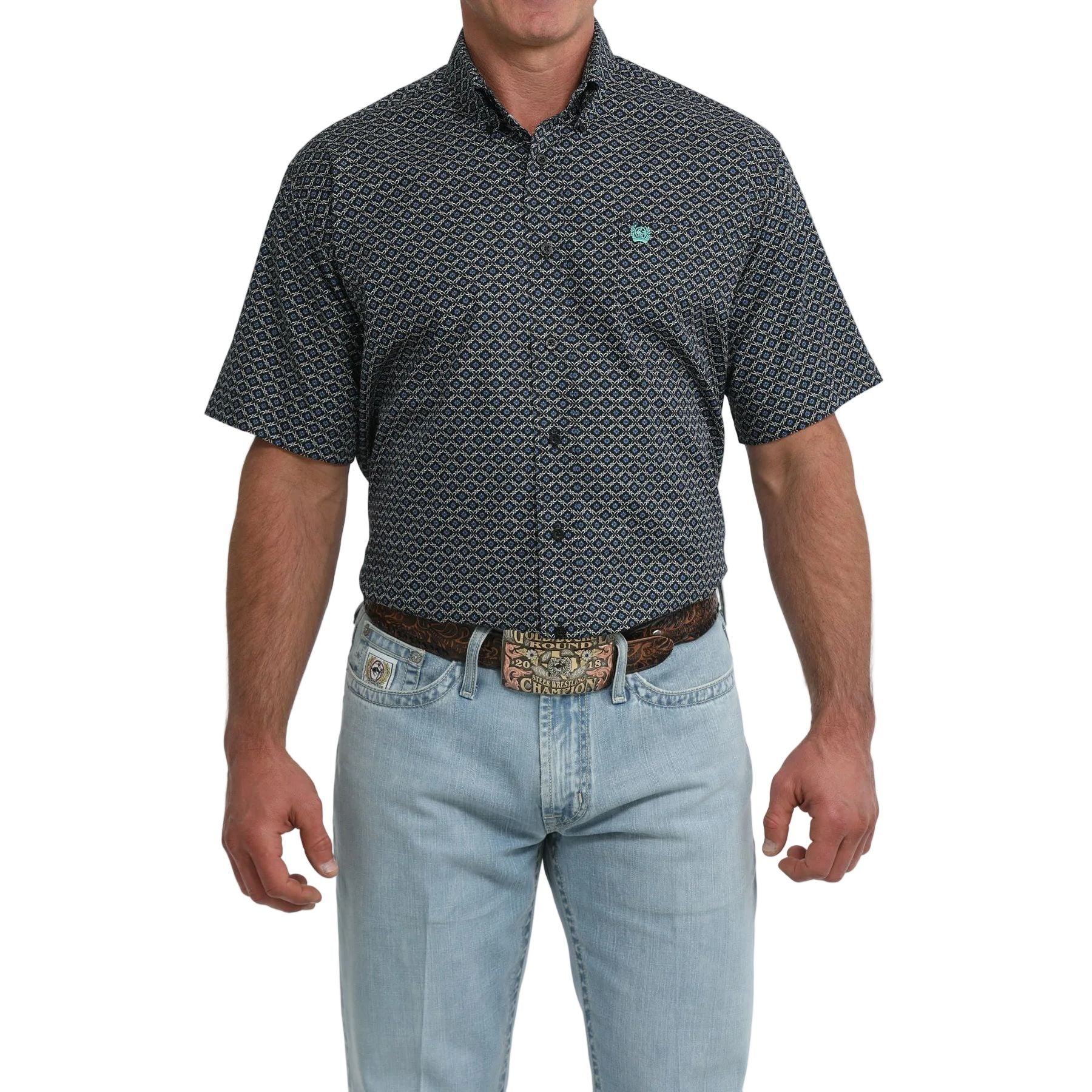 Men's Cinch Short Sleeve Blue and Black Geo Print Classic Fit Button Down MTW1111530