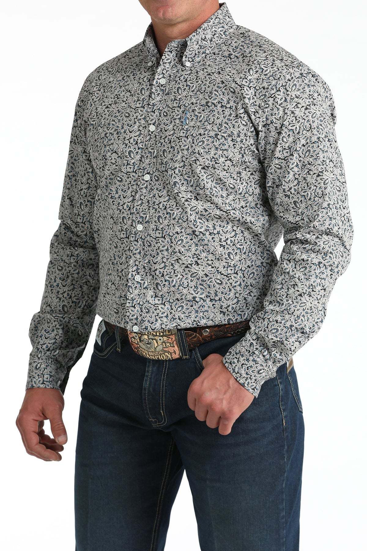 Men's Cinch Grey Floral Print Modern Fit Shirt MTW1347144