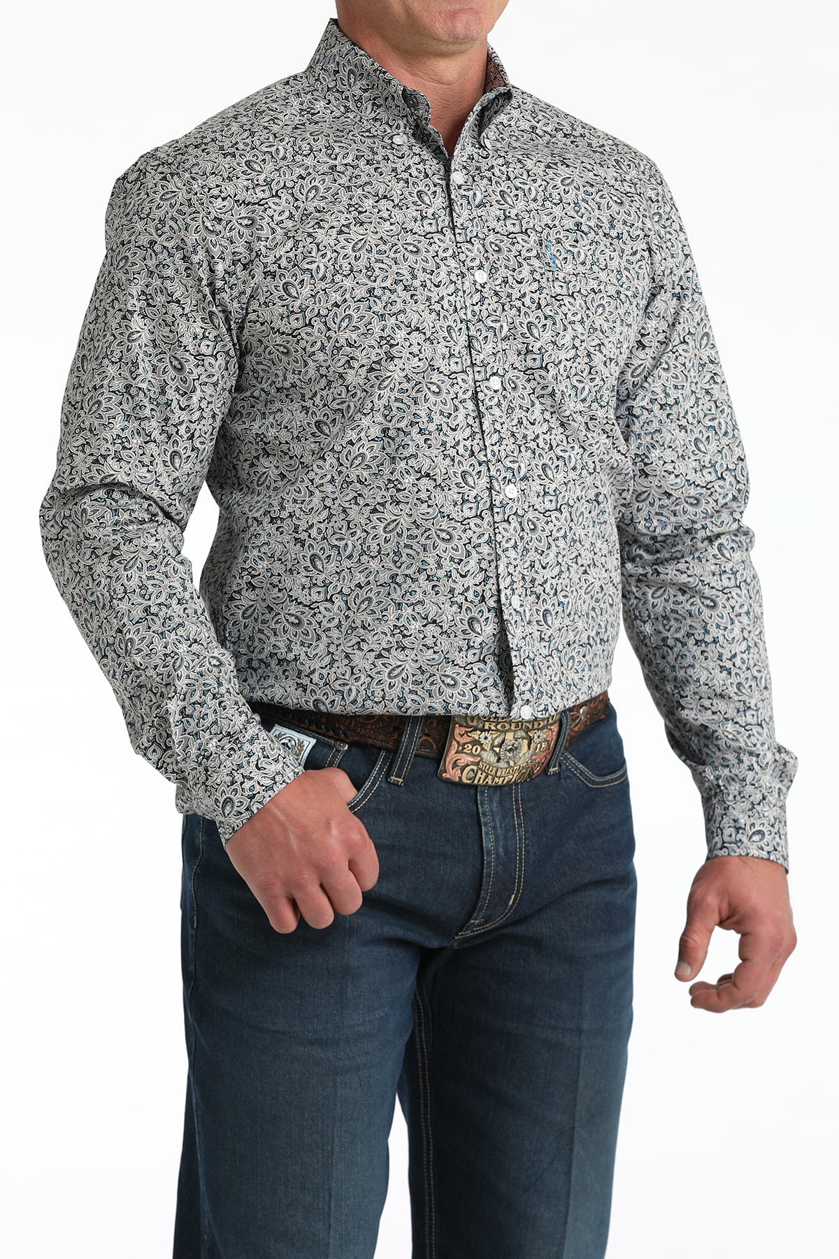 Men's Cinch Grey Floral Print Modern Fit Shirt MTW1347144