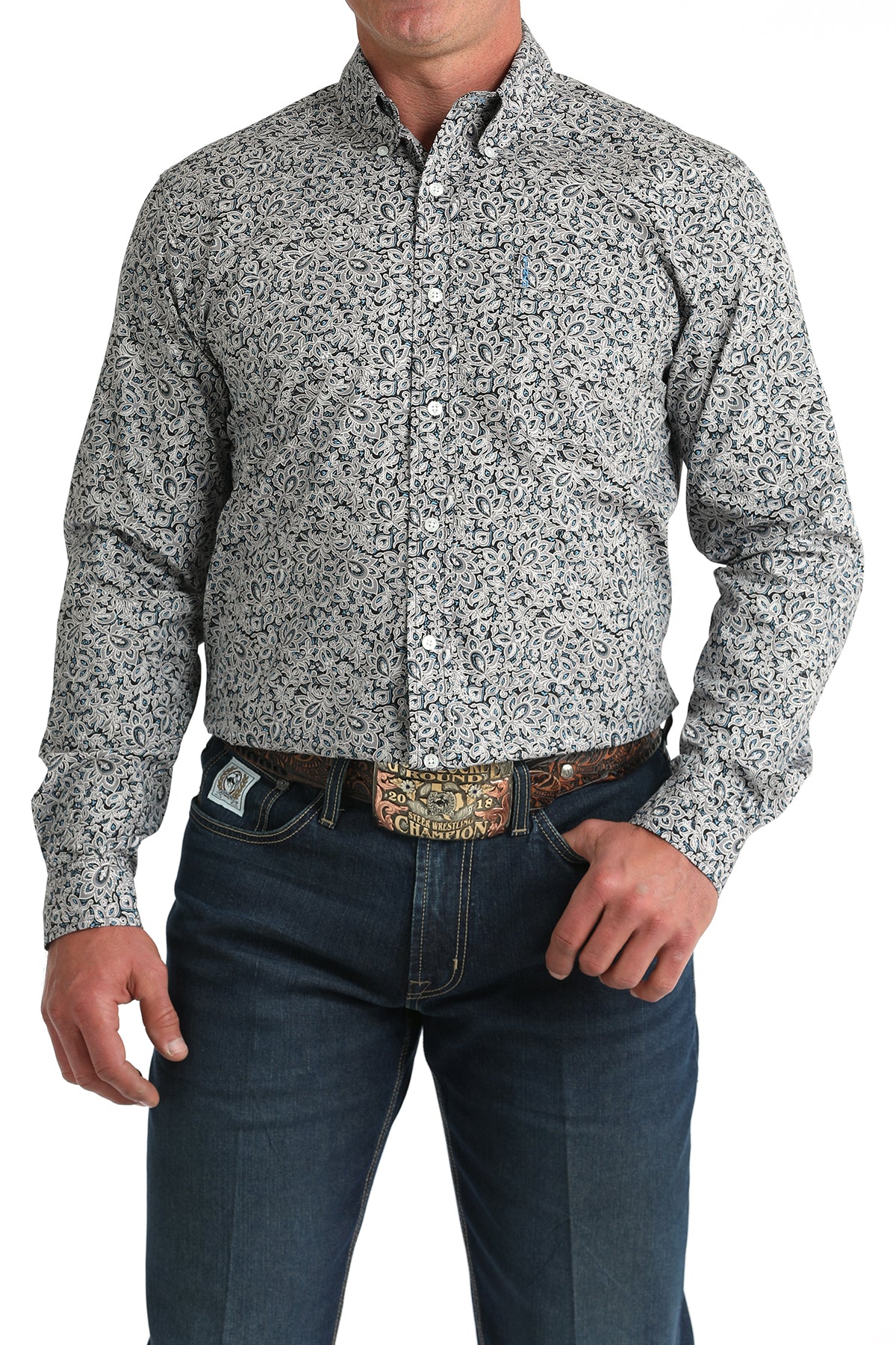 Men's Cinch Grey Floral Print Modern Fit Shirt MTW1347144