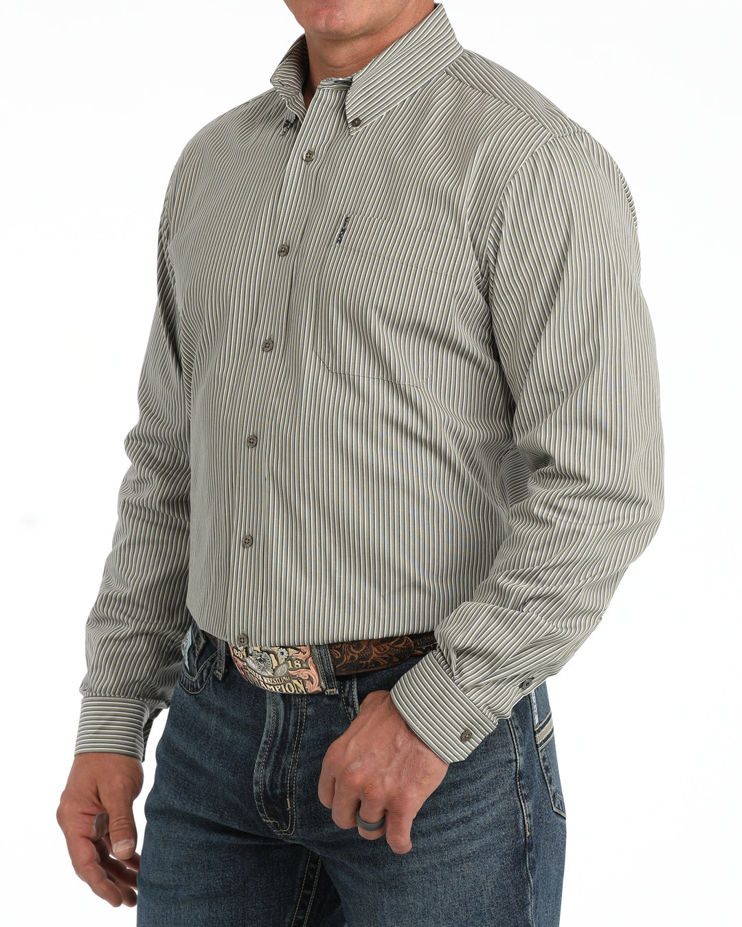 Cinch Men's Long Sleeve Olive Striped Modern Fit Shirt MTW1347162
