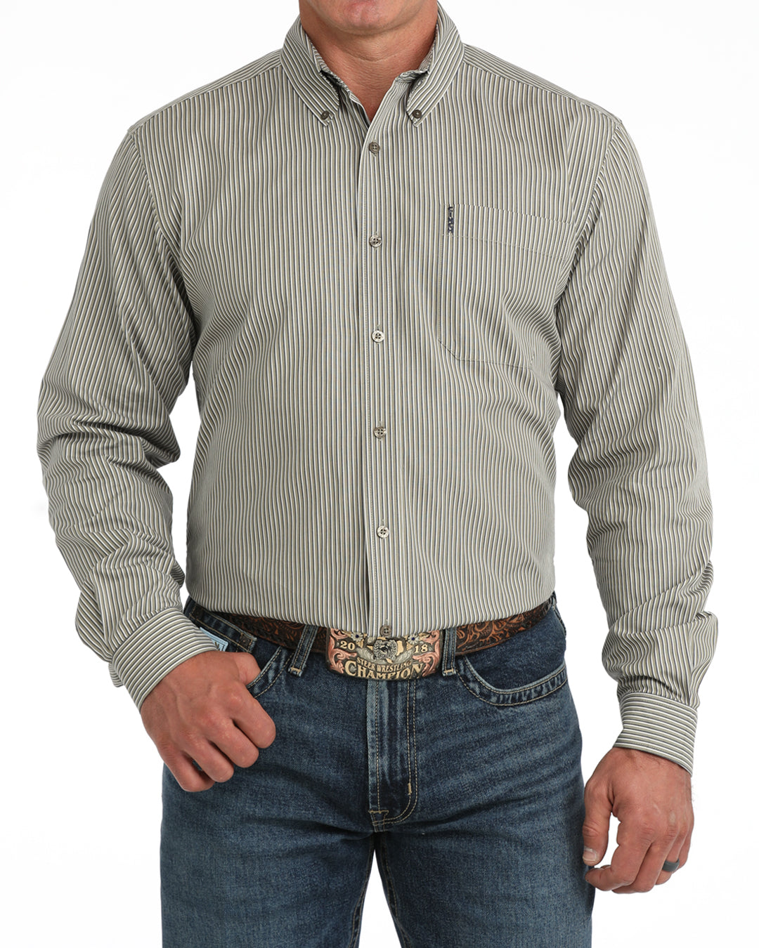Cinch Men's Long Sleeve Olive Striped Modern Fit Shirt MTW1347162