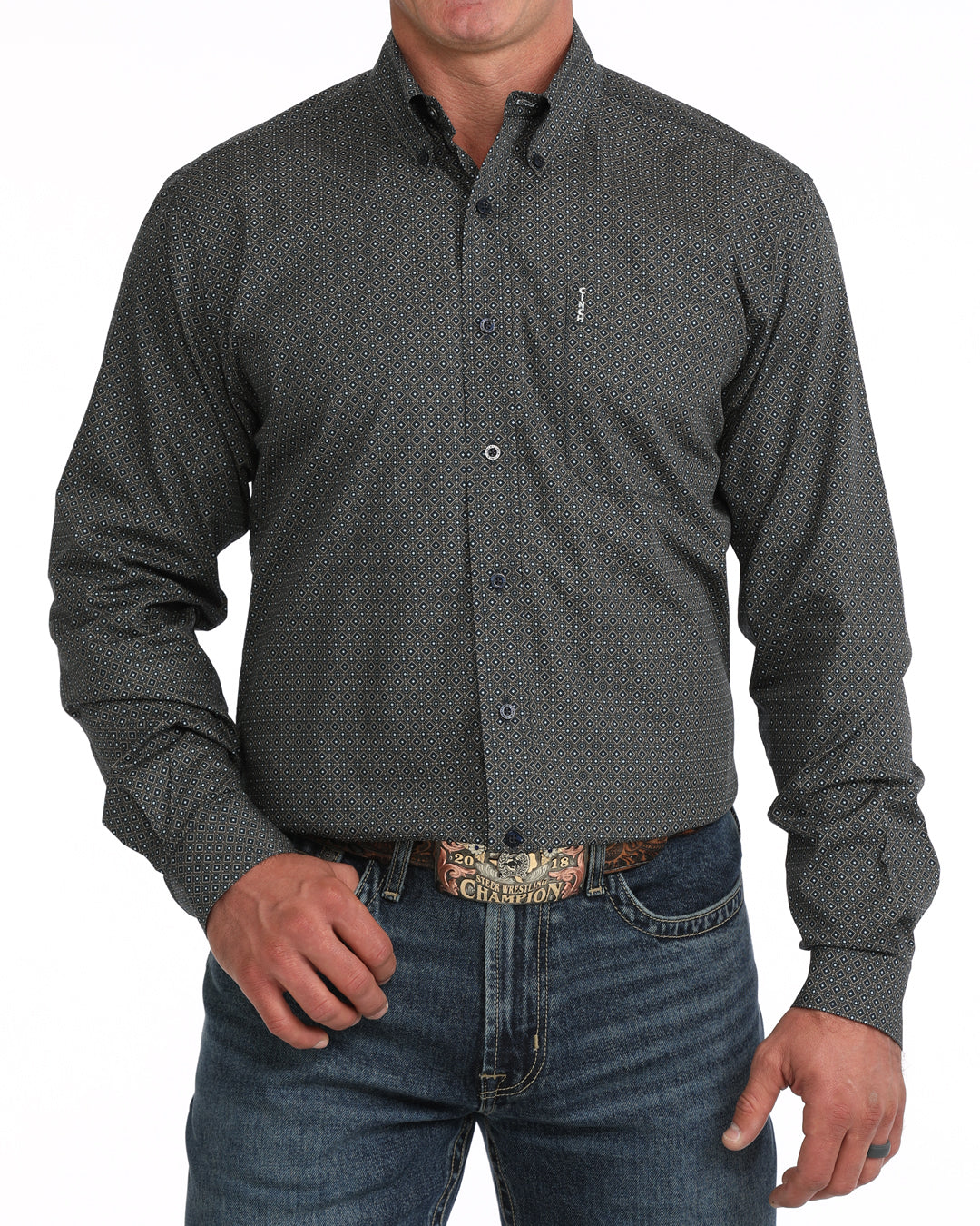 Cinch Men's Long Sleeve Navy Geometric Modern Fit Button Down Shirt MTW1347167