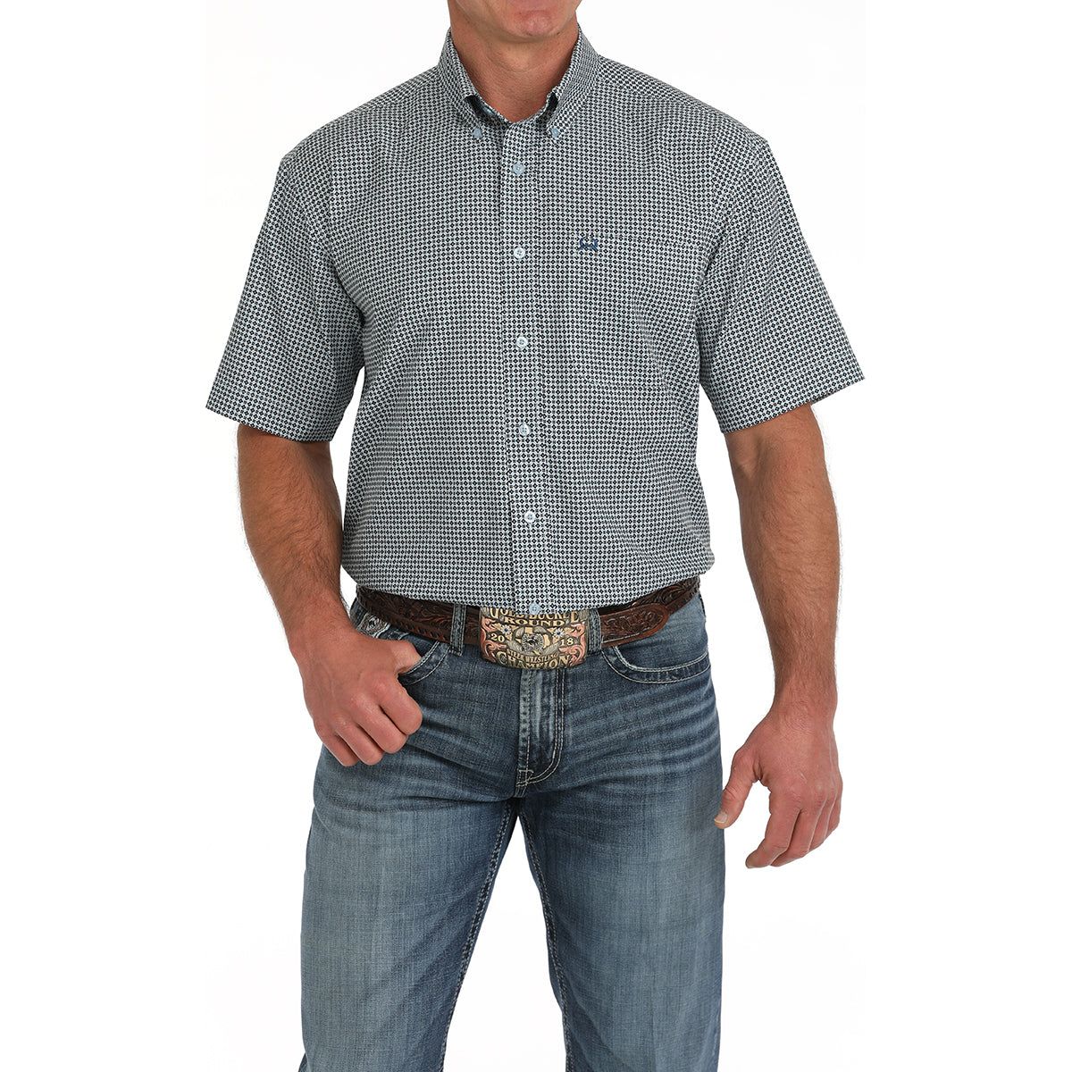 Men's Cinch Light Blue Print ArenaFlex Short Sleeve Shirt MTW1704149 - Crazy House Western Wear