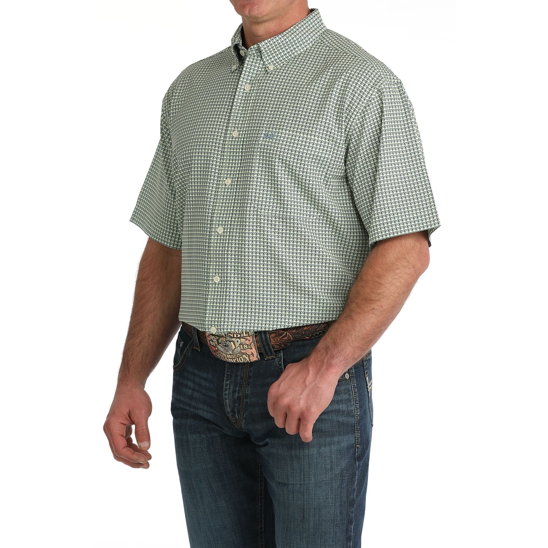 Men's Cinch Green Printed Arenaflex Short Sleeve Shirt MTW1704164