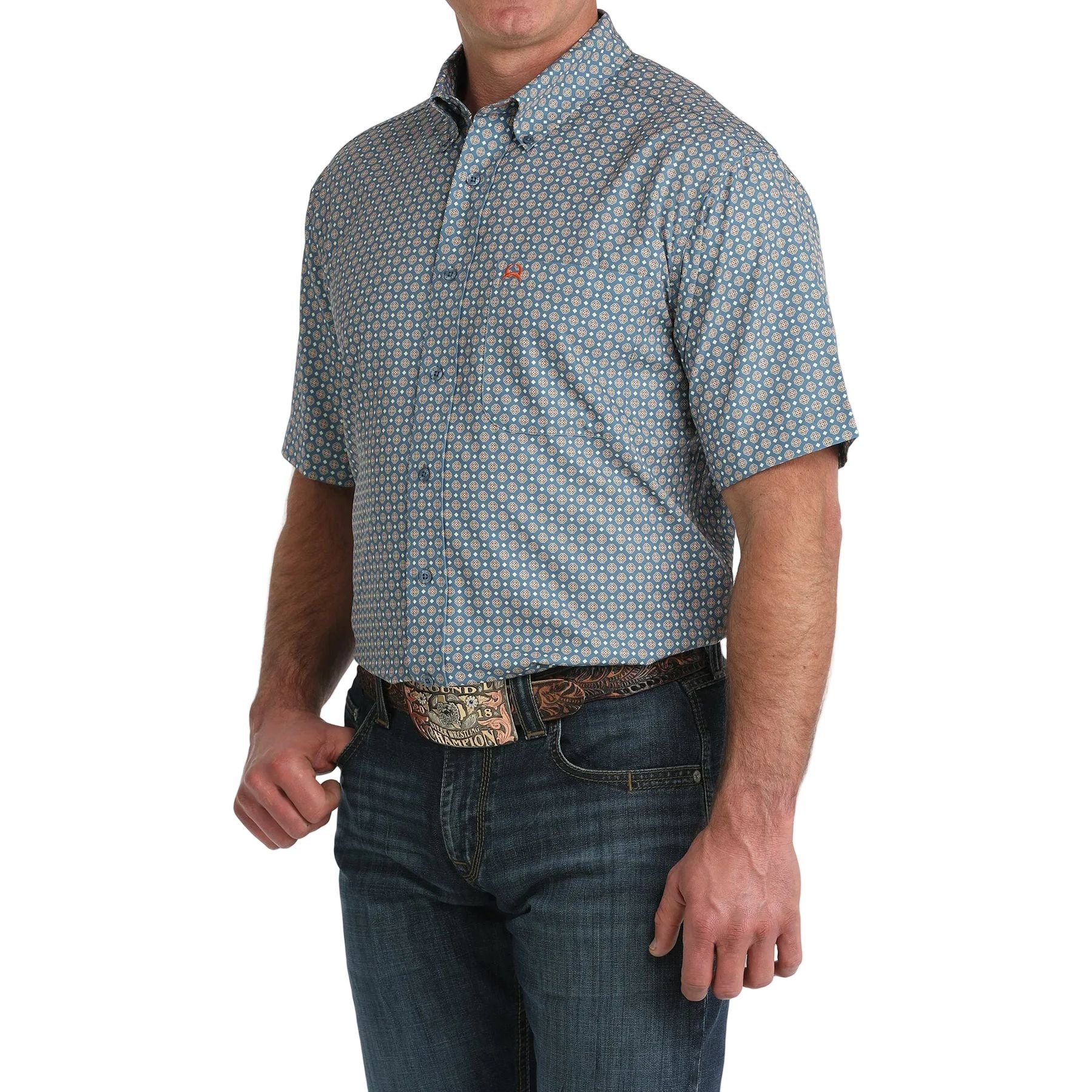 Men's Cinch Geometric Print Arenaflex Short Sleeve Button Up MTW1704165