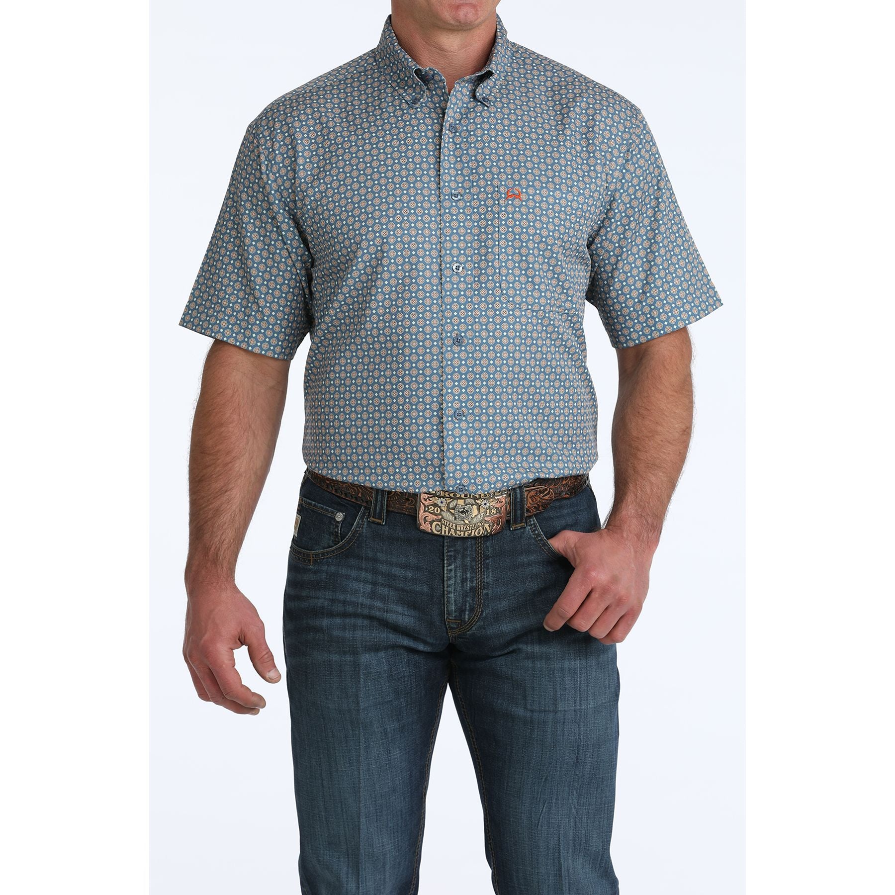 Men's Cinch Geometric Print Arenaflex Short Sleeve Button Up MTW1704165