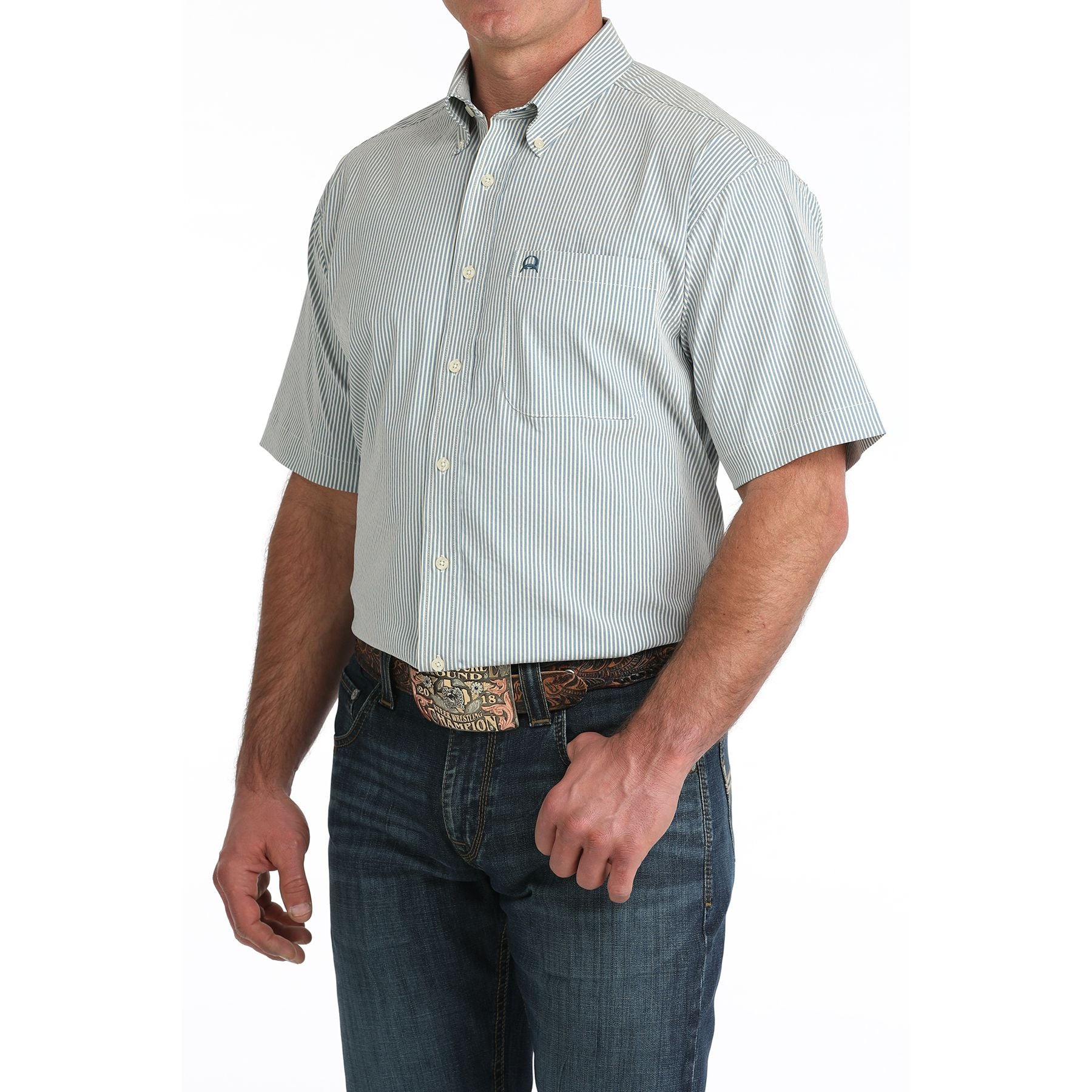 Men's Cinch Blue Striped Arenaflex Short Sleeve Shirt MTW1704166