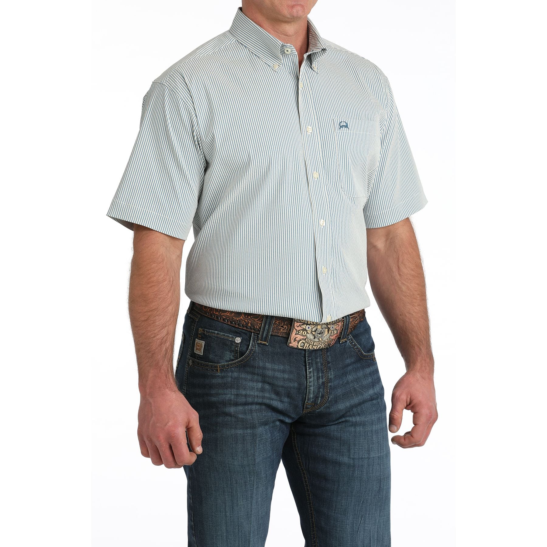 Men's Cinch Blue Striped Arenaflex Short Sleeve Shirt MTW1704166