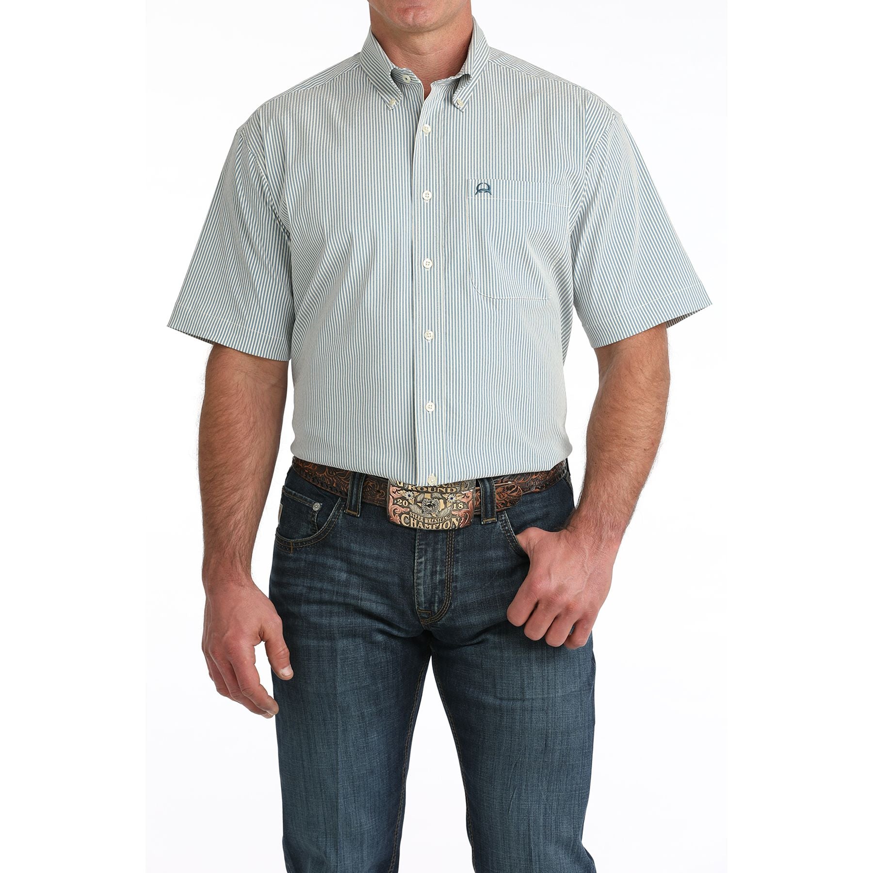 Men's Cinch Blue Striped Arenaflex Short Sleeve Shirt MTW1704166