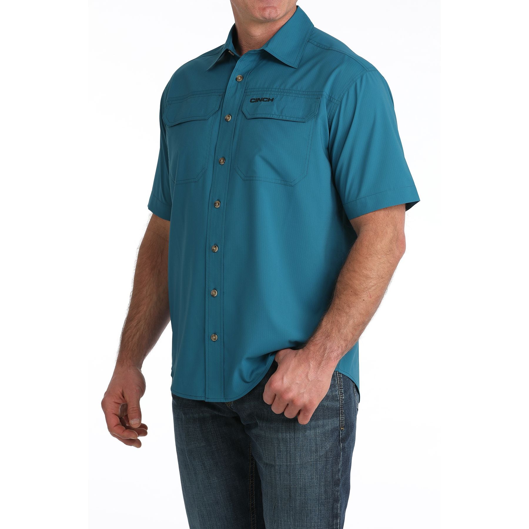 Men's Cinch Short Sleeve Solid Teal Aenaflex Button Up MTW1723004