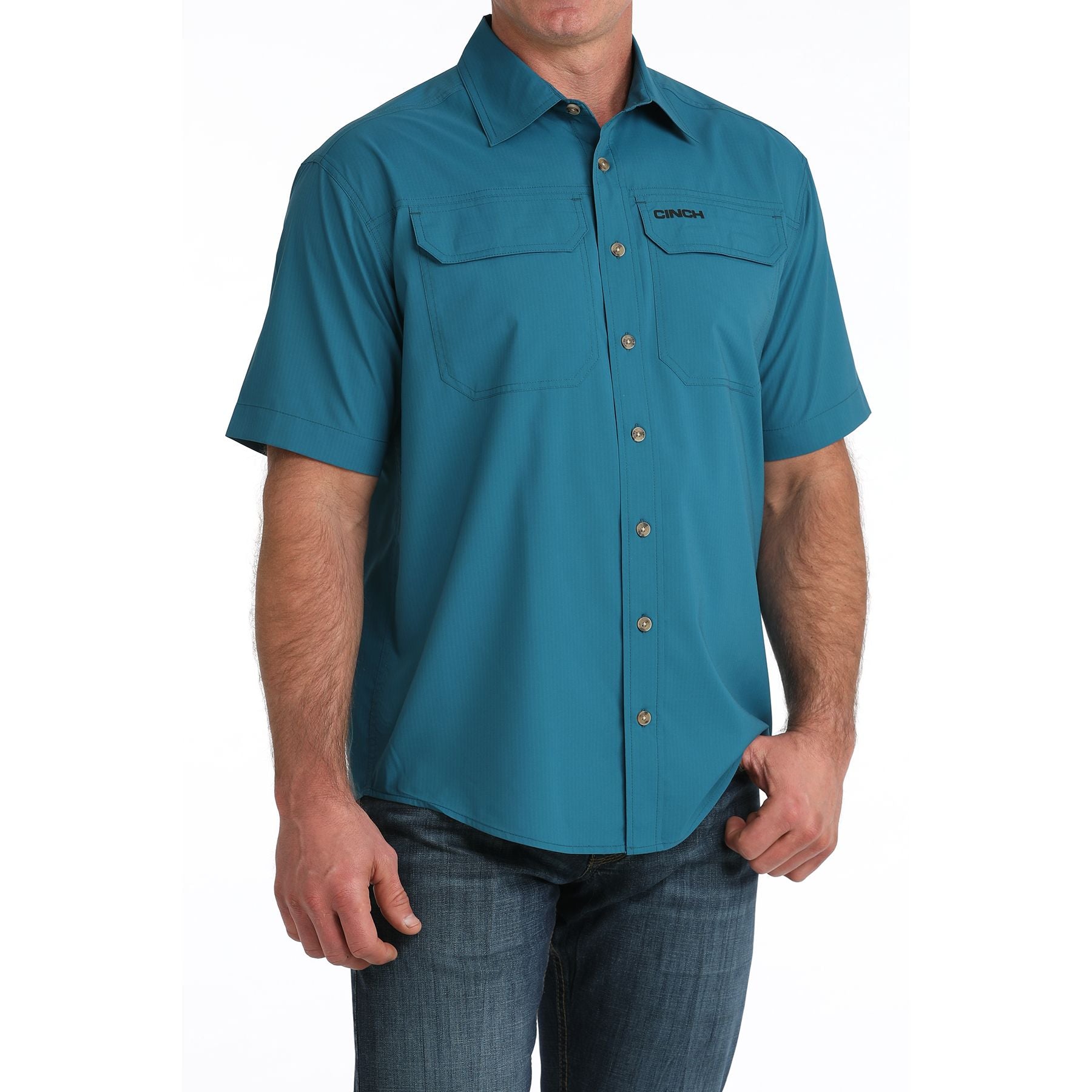 Men's Cinch Short Sleeve Solid Teal Aenaflex Button Up MTW1723004