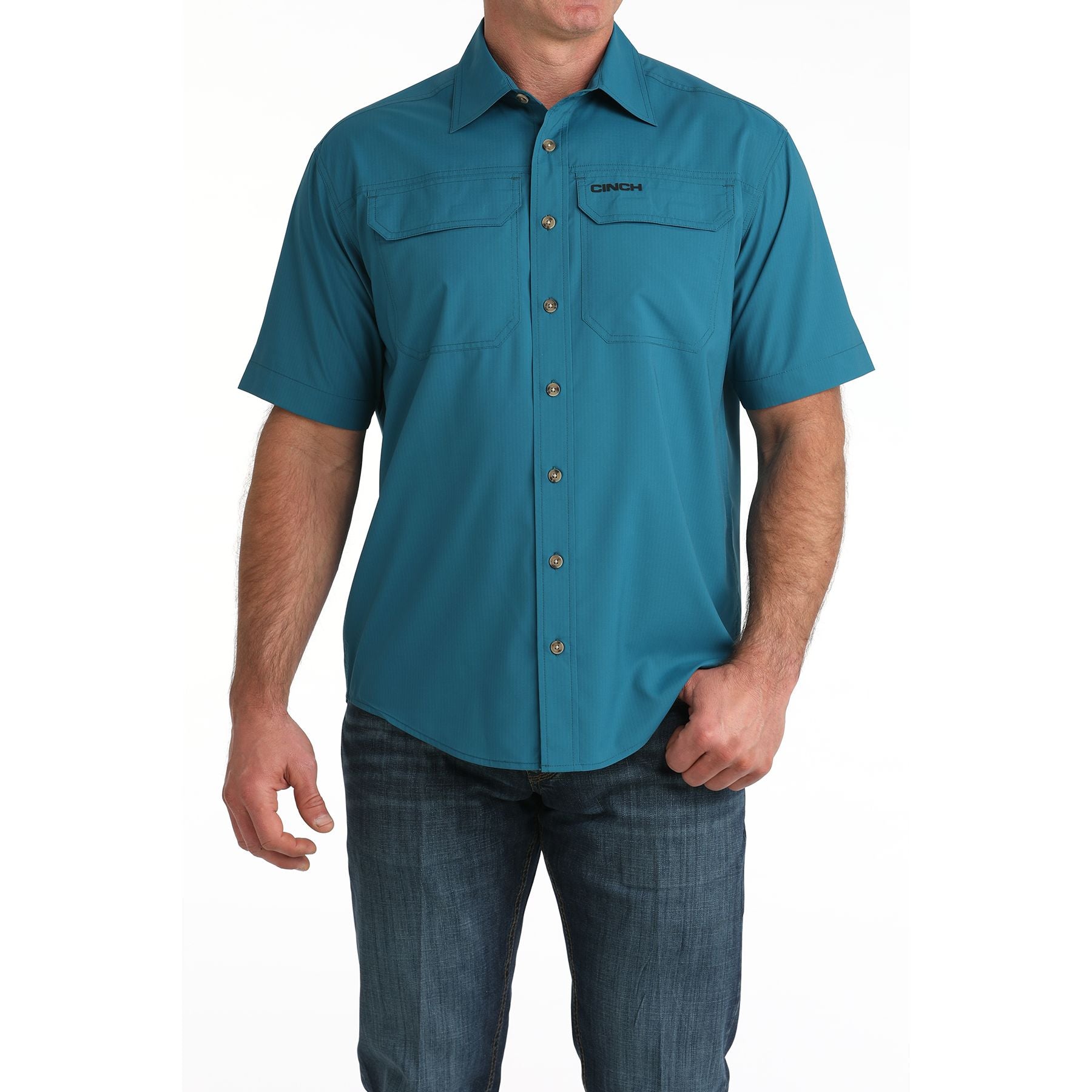 Men's Cinch Short Sleeve Solid Teal Aenaflex Button Up MTW1723004