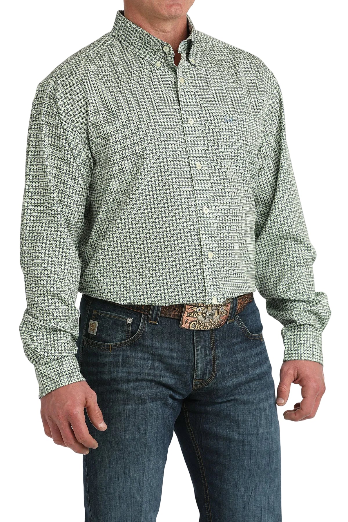 Men's Cinch Green Printed Arenaflex Button Down Shirt MTW1862041