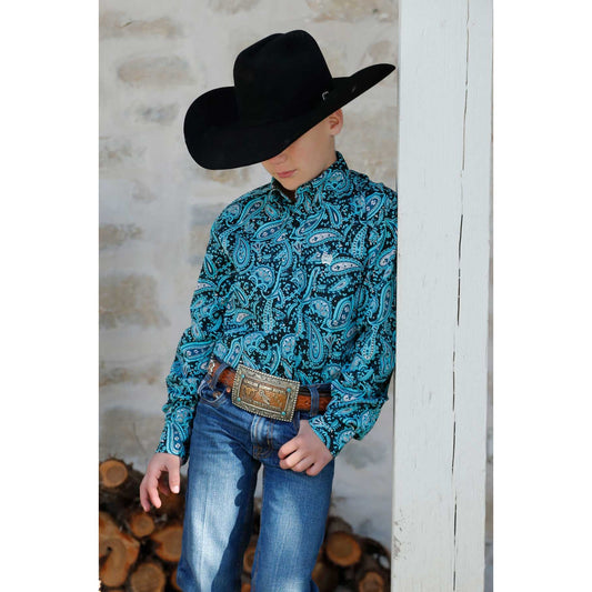 Boy's Cinch Long Sleeve Blue Patterned Button Up MTW7060376