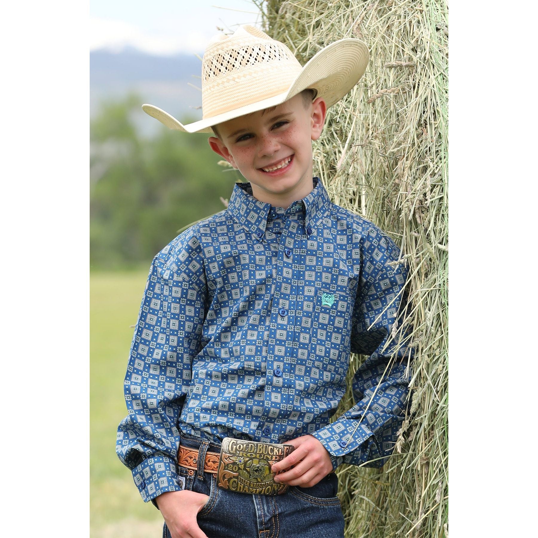 Boy's Cinch Square Flower Pring Button Down Western Shirt MTW7060385 - Crazy House Western Wear