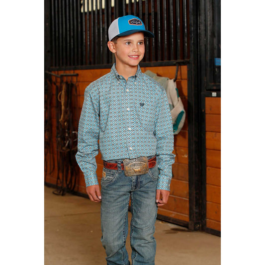Boy's Cinch Light Blue Diamond Print Shirt MTW7060386