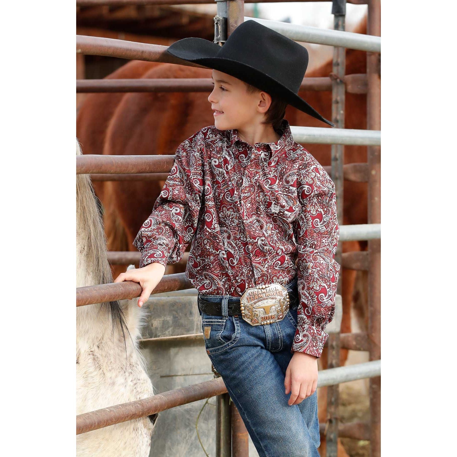 Boy's Cinch Burgundy Paisley Long Sleeve Shirt MTW7060402