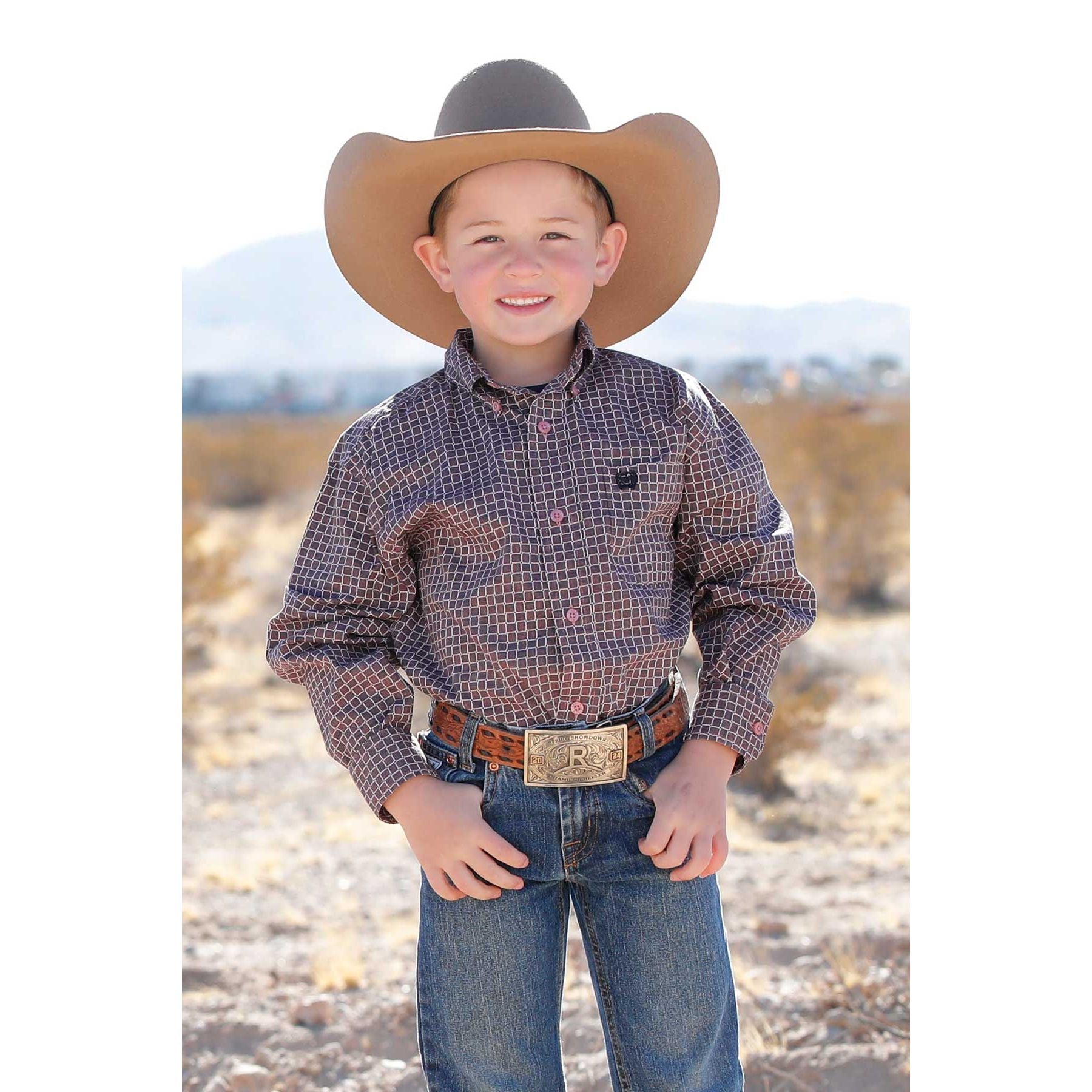 Boy's Cinch Pink Weave Print Long Sleeve Button Up MTW7060403