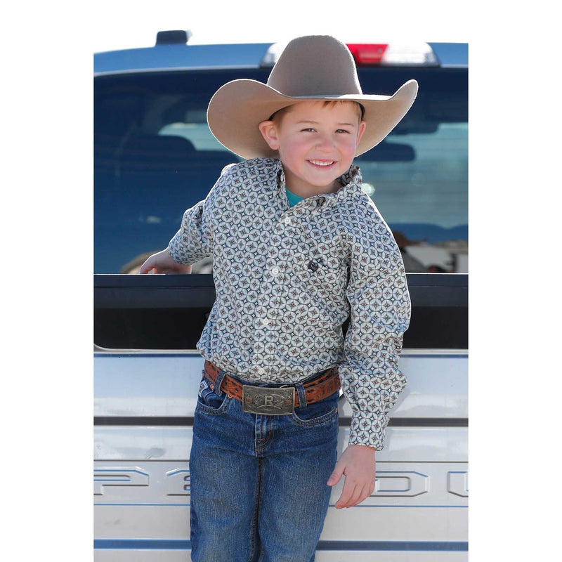 Boy's Cinch Cream Geometric Long Sleeve Button Up Shirt MTW7060405