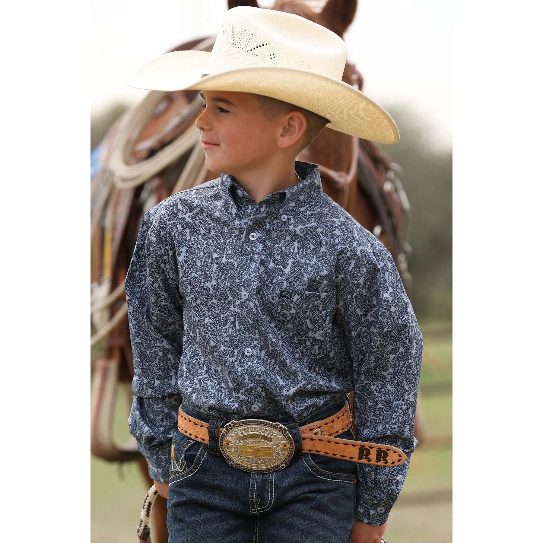 Boy's Cinch Navy Print Long Sleeve Arenaflex Button Up Shirt MTW7060415