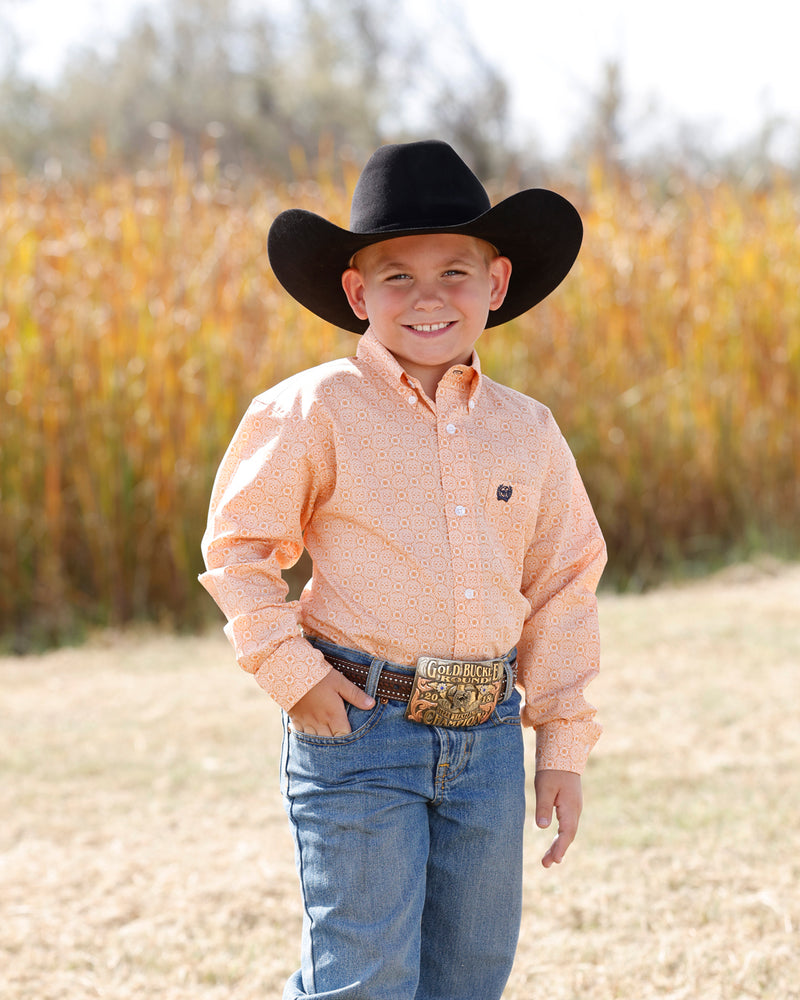 Cinch Boy's Long Sleeve Gold Geo Print Button Down Shirt MTW7060424