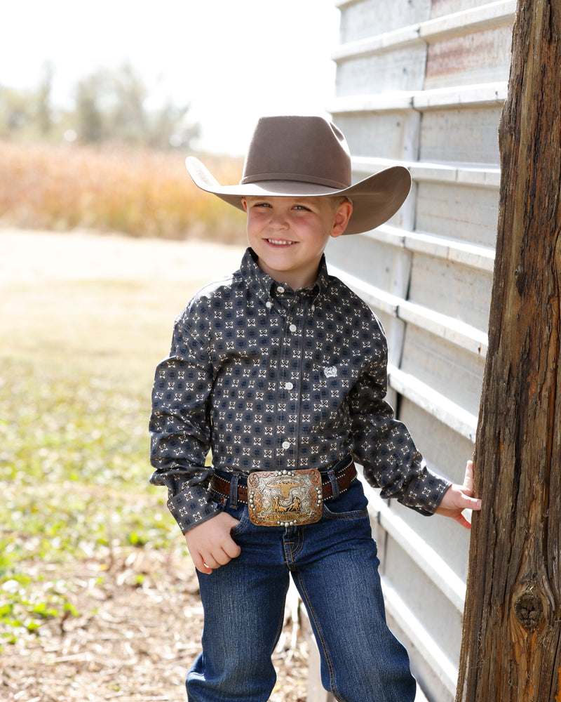 Boy's Cinch Long Sleeve Brown Geometric Button Down Shirt MTW7060427   (XS-2XL)