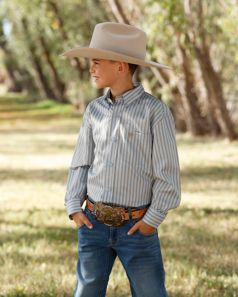 Cinch Boy's Long Sleeve Light Blue Striped Button Down Shirt MTW7060428