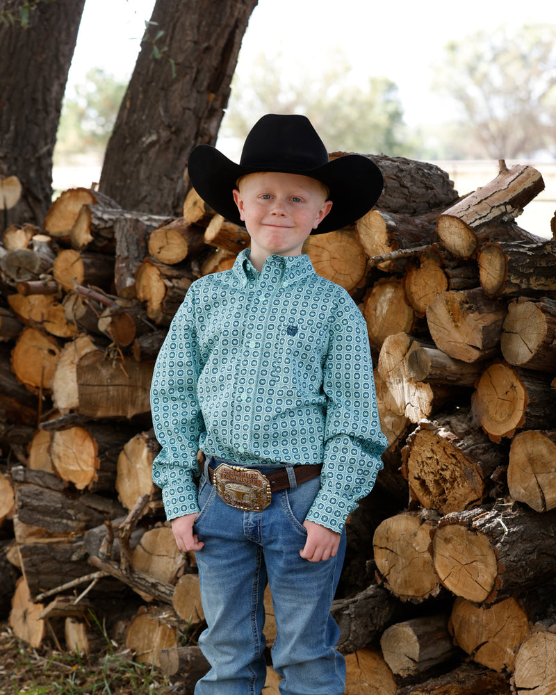 Cinch Boy's Turquoise Geo Printed Long Sleeve Button Down Shirt MTW7060431