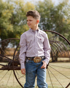 Cinch Boy's Long Sleeve White and Burgundy Button Down Shirt MTW7060434