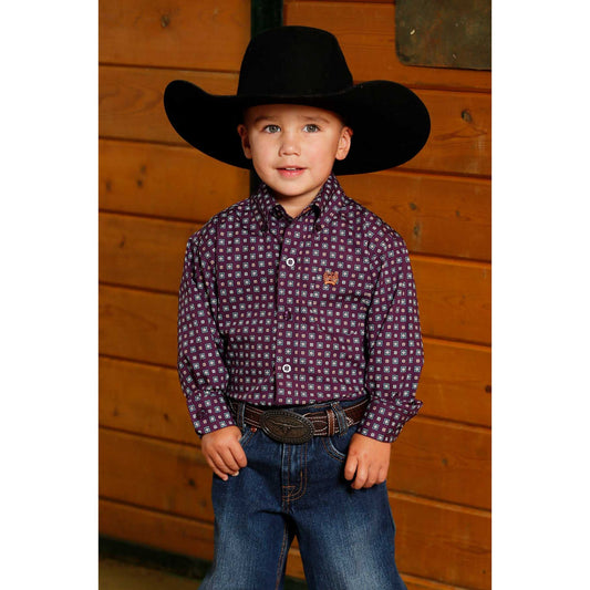 Boy's Cinch Purple Geometric Print Long Sleeve Shirt MTW7061390